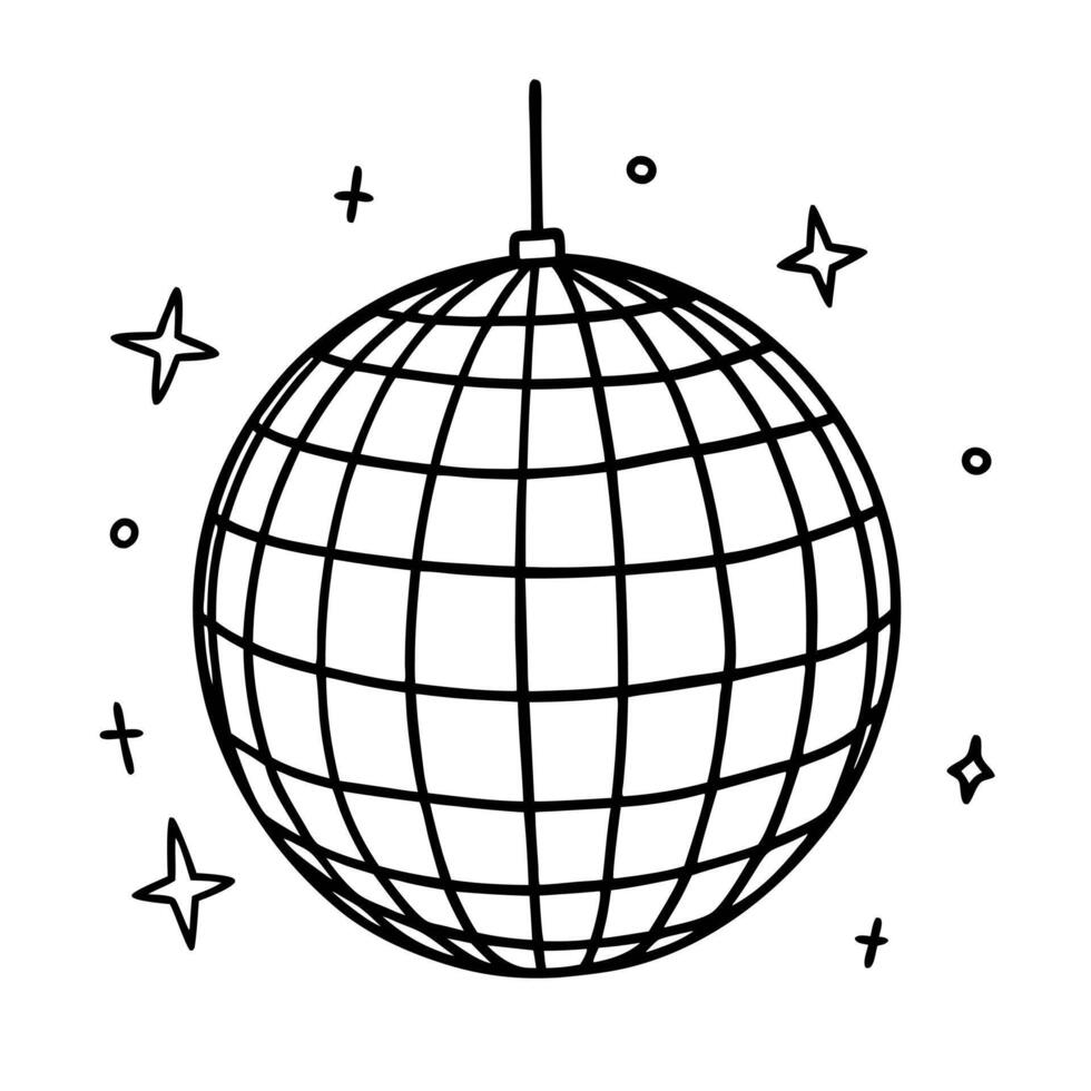 Retro Disco Ball Line Art Illustration Minimalist Black and White Design with Stars vector