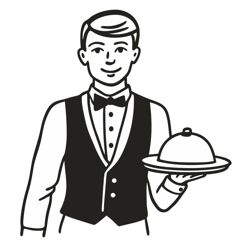 Elegant Waiter Serving a Covered Dish in Classic Attire Vintage Style Illustration vector
