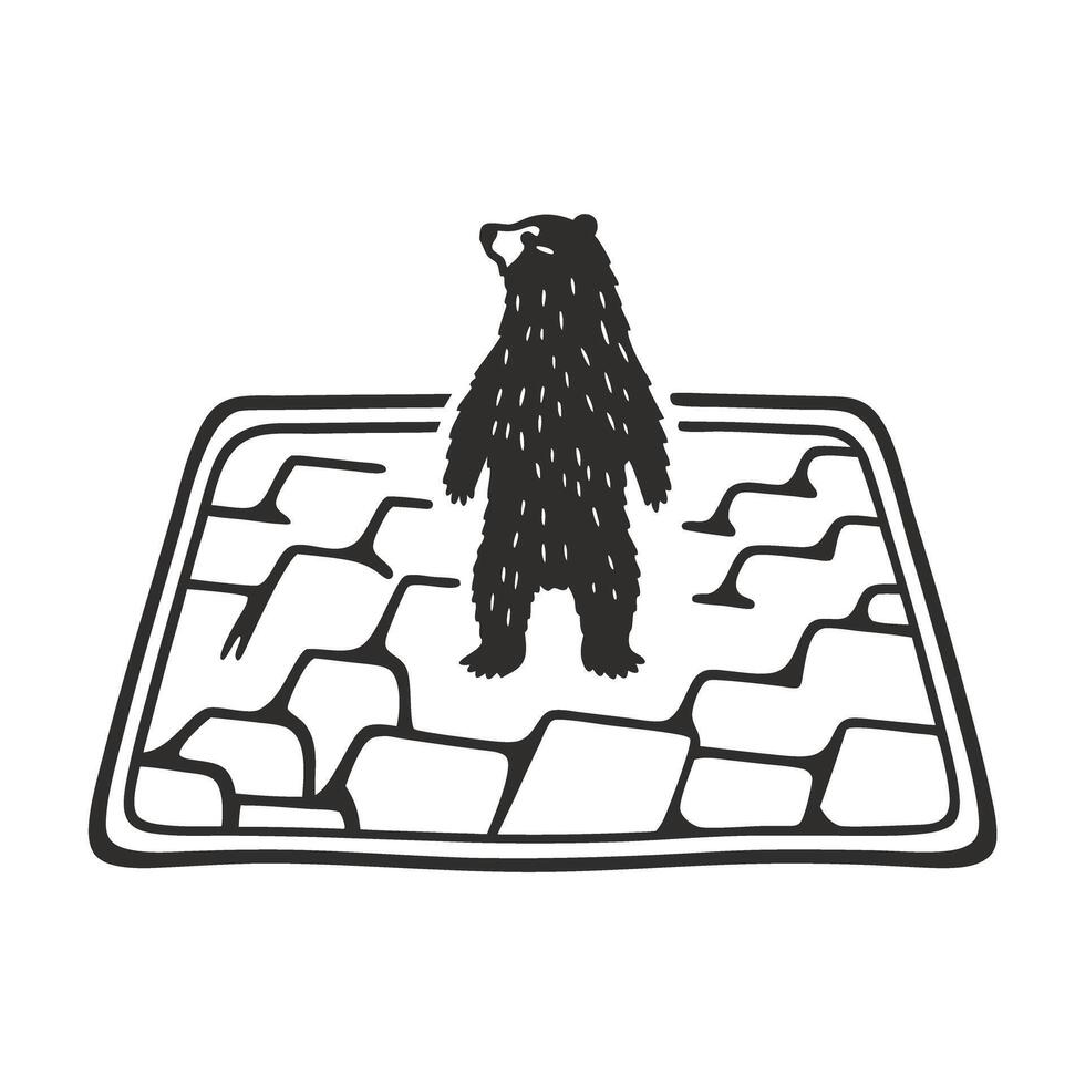 bear standing on abstract surface, hand drawn illustration stylized wildlife art in minimalist black outline vector