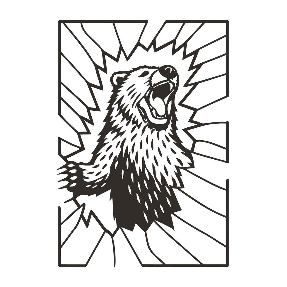 roaring bear breaking through shattered glass ferocious wild animal, strength, power in action vector