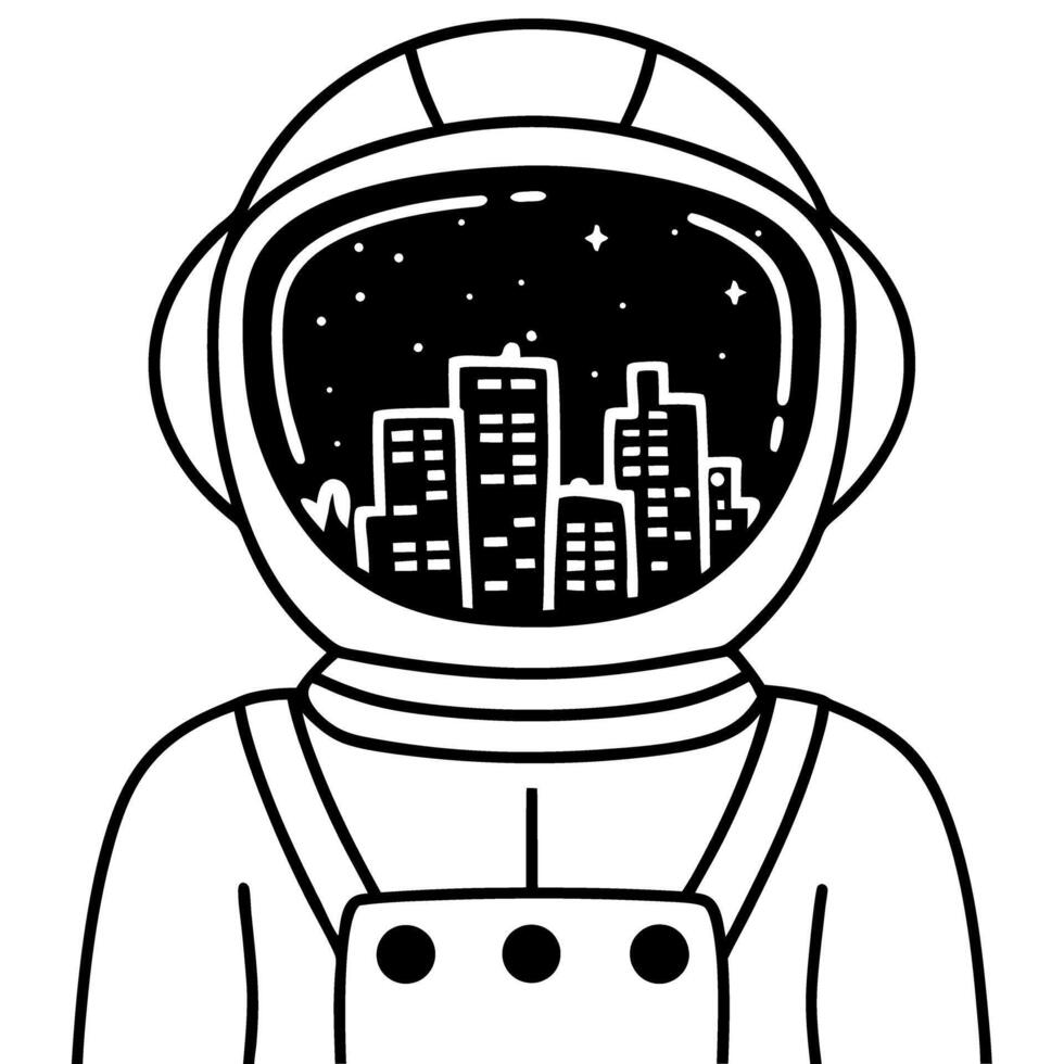 Astronaut with city skyline in helmet urban exploration, cosmic journey, space and technology fusion vector