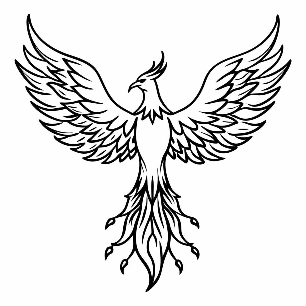 Intricate Phoenix Line Art Illustration for Tattoo Designs and Mythical Themes vector
