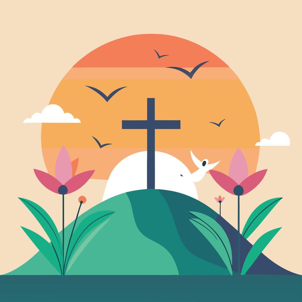 a cross and birds on a hill with a sunset vector