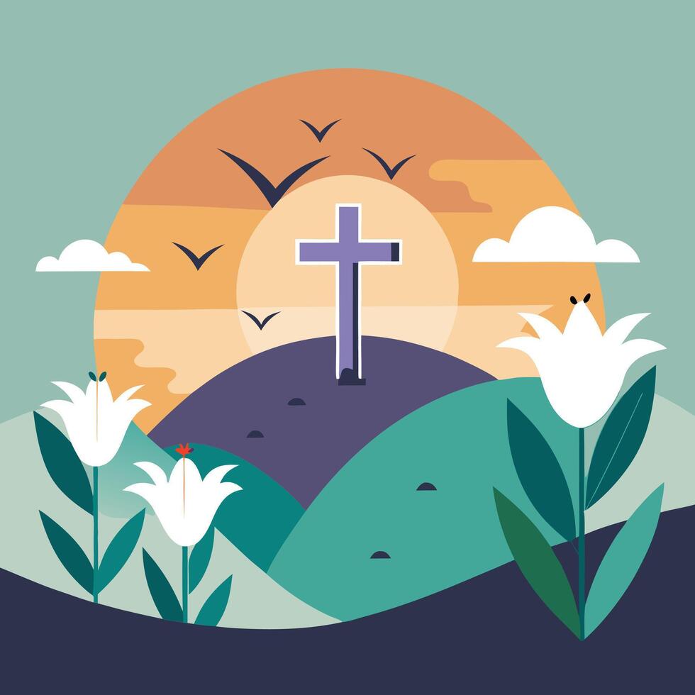 easter cross with flowers and birds on a hill vector