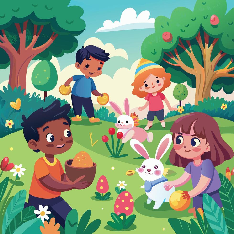 children playing with easter eggs in the park vector