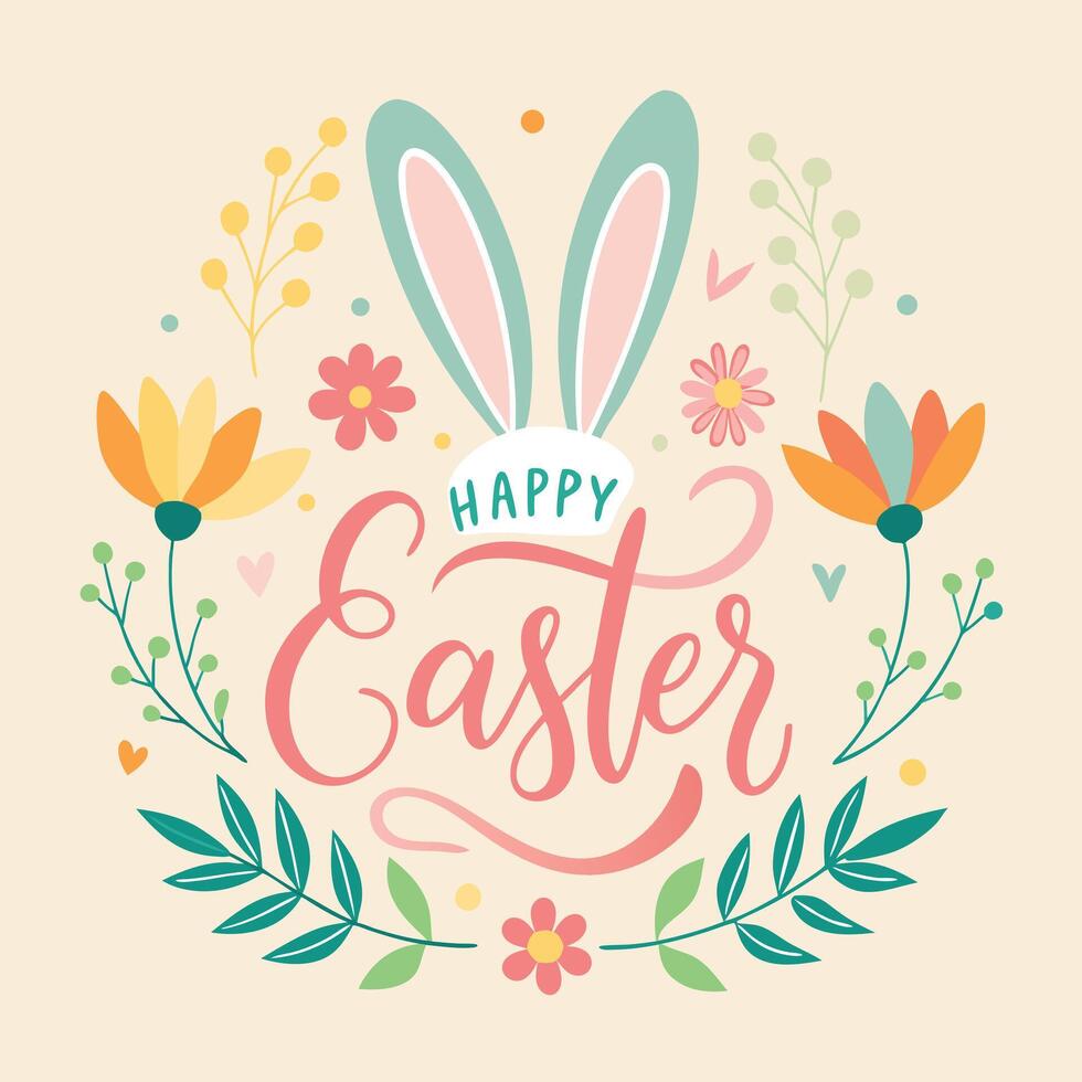 easter greeting card with flowers and bunny ears vector