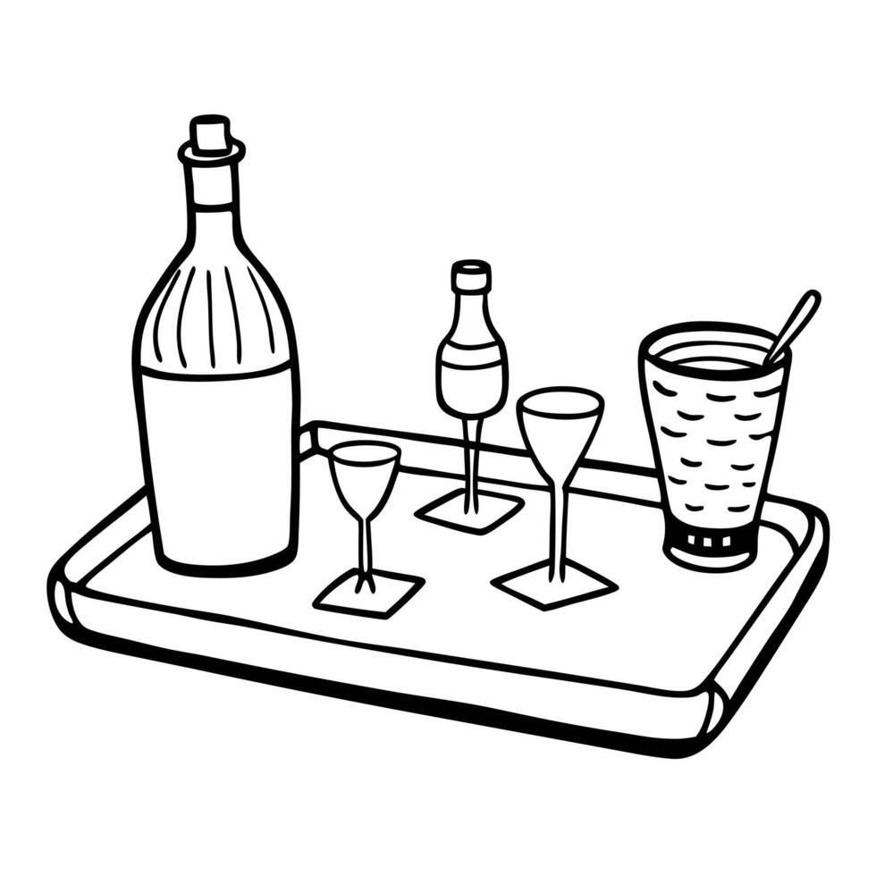 Monochrome Illustration of Drink Tray with Glasses and Bottles vector