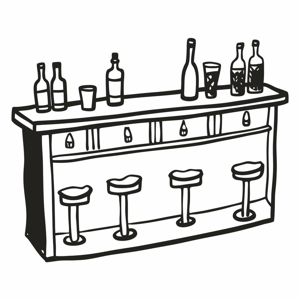 Hand Drawn Bar Counter with Bottles and Stools Illustration vector
