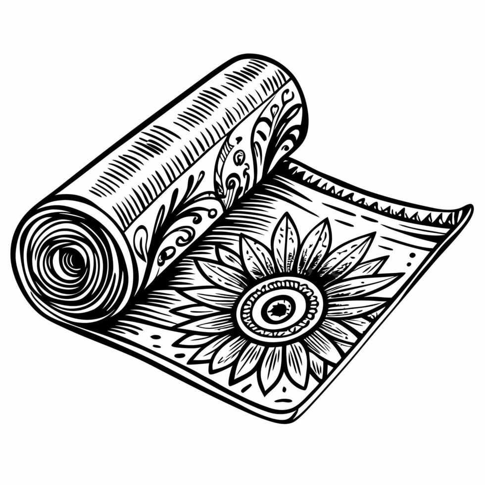 Ornate Floral Pattern Yoga Mat Illustration in Black and White vector