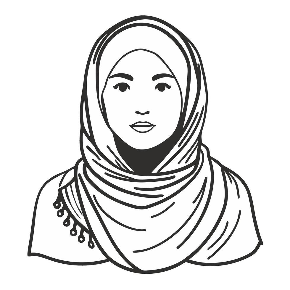 Elegant Line Art Portrait of a Woman Wearing a Hijab in Monochrome vector
