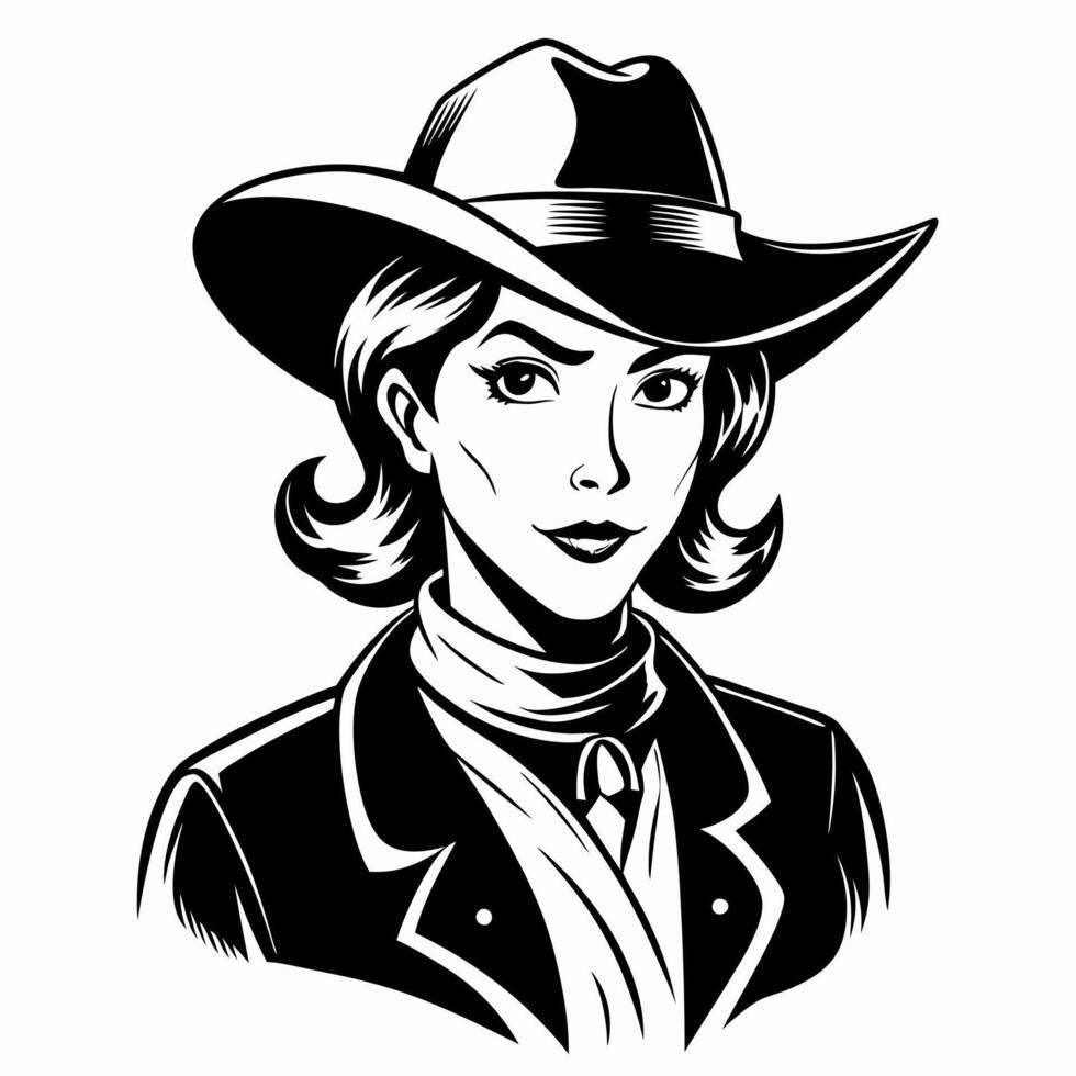 Vintage Female Cowgirl Illustration in Black and White vector