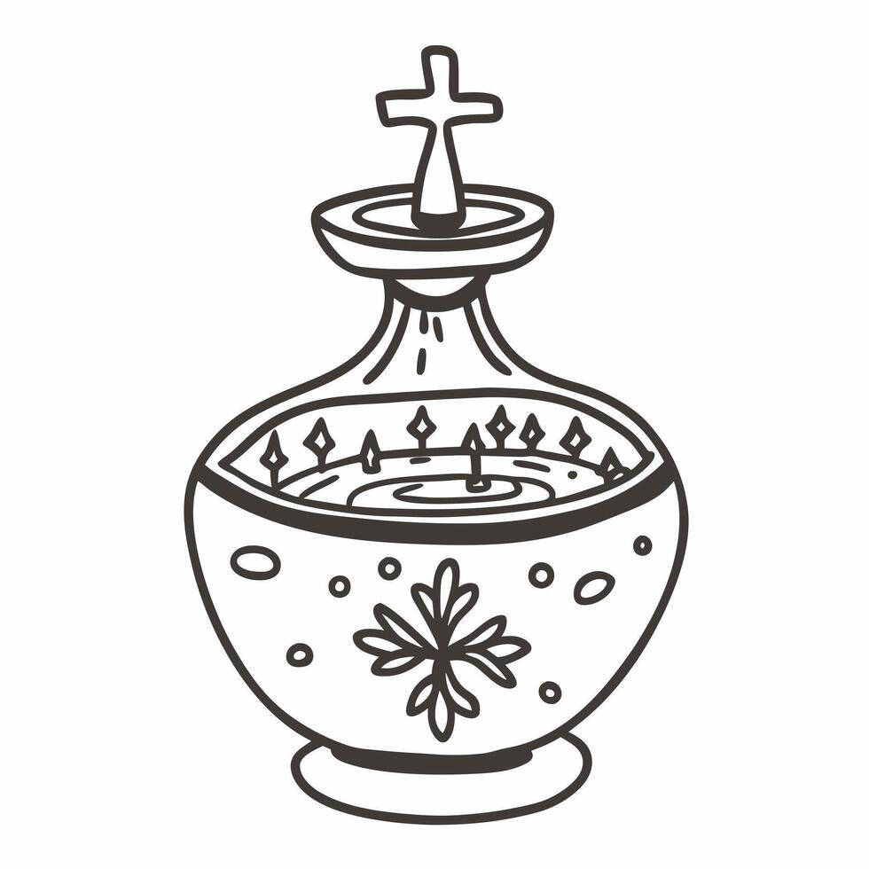 Black and White Illustration of a Ornate Baptismal Font with Cross and Water vector