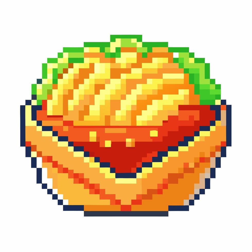 Retro Pixel Art Taco Illustration with Cheese, Lettuce, and Salsa in Vibrant Colors vector