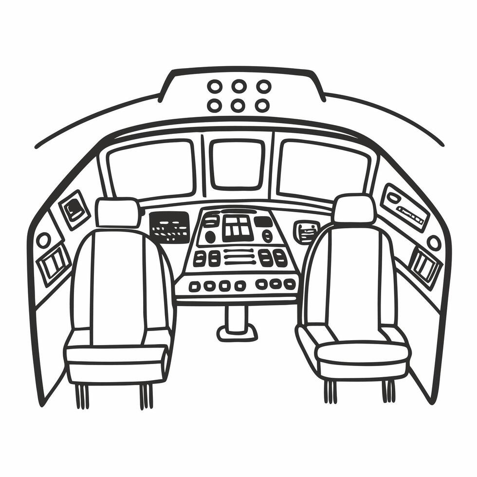 Detailed Black and White Line Art of Aircraft Cockpit Controls and Seating vector