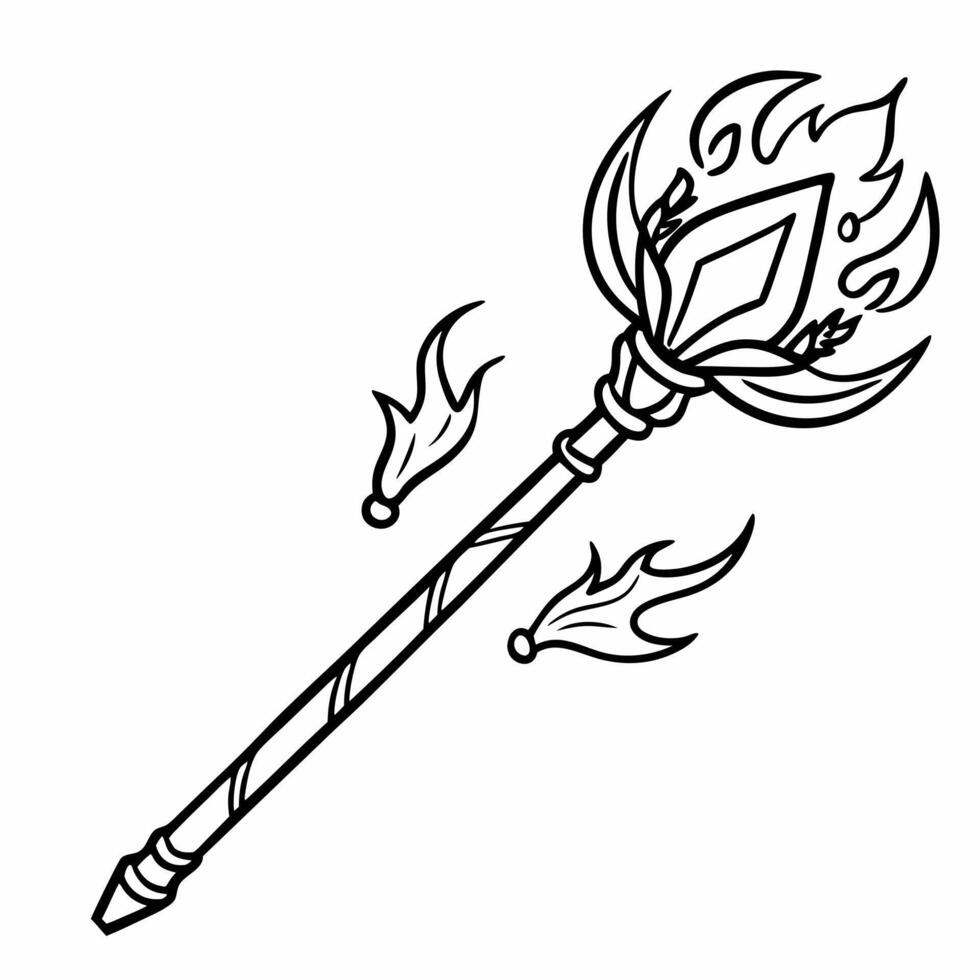 Fantasy Magic Staff Line Art with Flames for Coloring and Design Projects vector