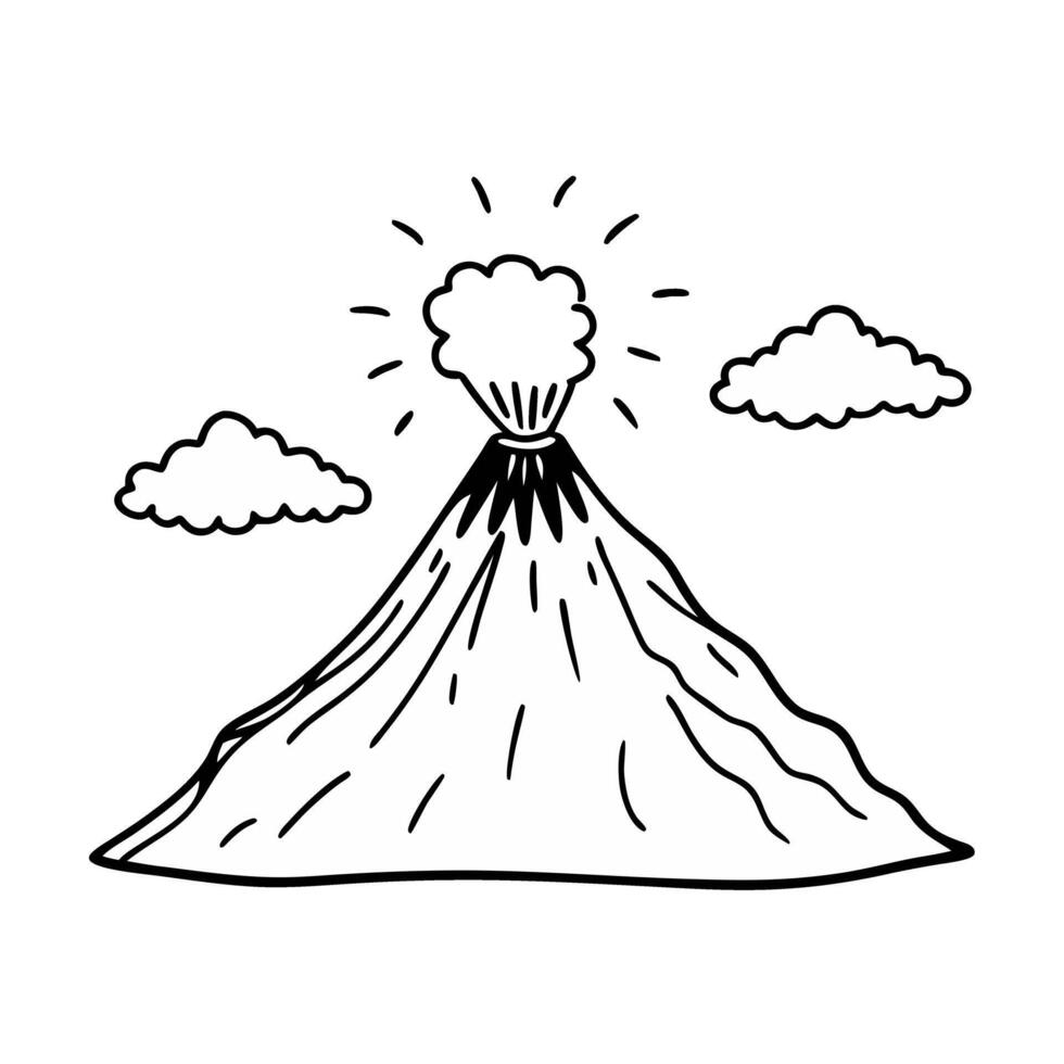 Hand Drawn Volcano Erupting with Clouds in Minimalist Style vector