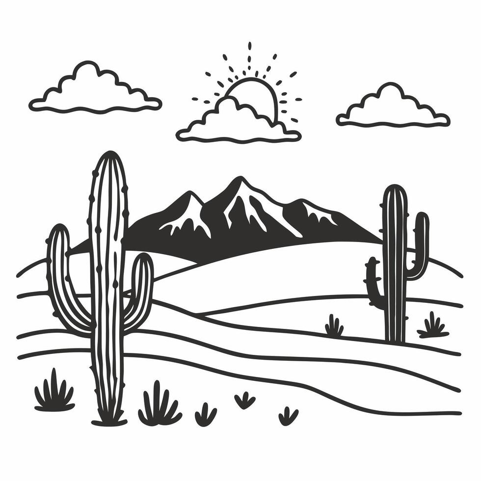 Desert Landscape Illustration with Cacti and Mountains under a Sunny Sky vector