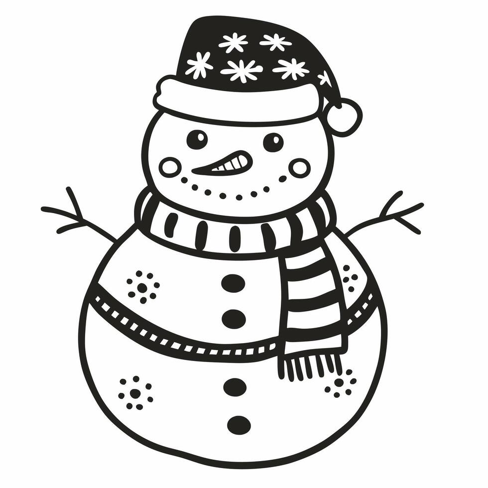 Cute Snowman Illustration with Hat and Scarf in Black and White for Holiday Designs vector