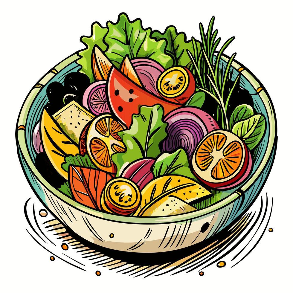 Colorful Fresh Vegetable Salad Illustration with Tomatoes, Onions, and Leafy Greens vector