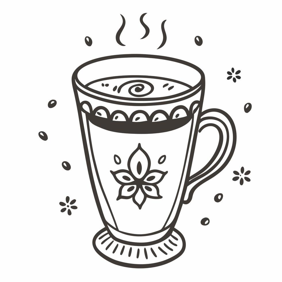 Steaming Cup of Coffee with Floral Design in Hand Drawn Style vector