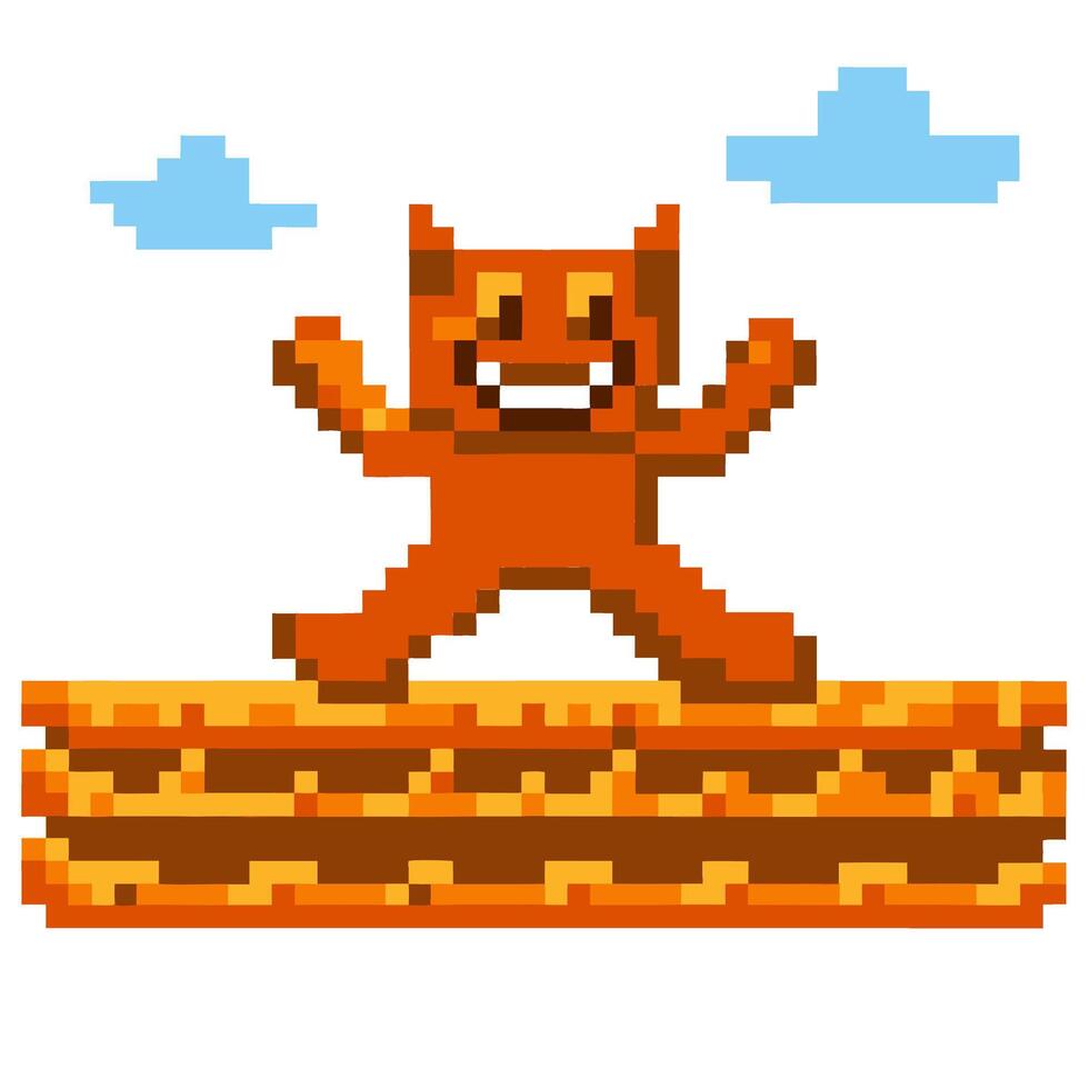pixel art monster, joyful character on platform with clouds, retro 8 bit game design vector