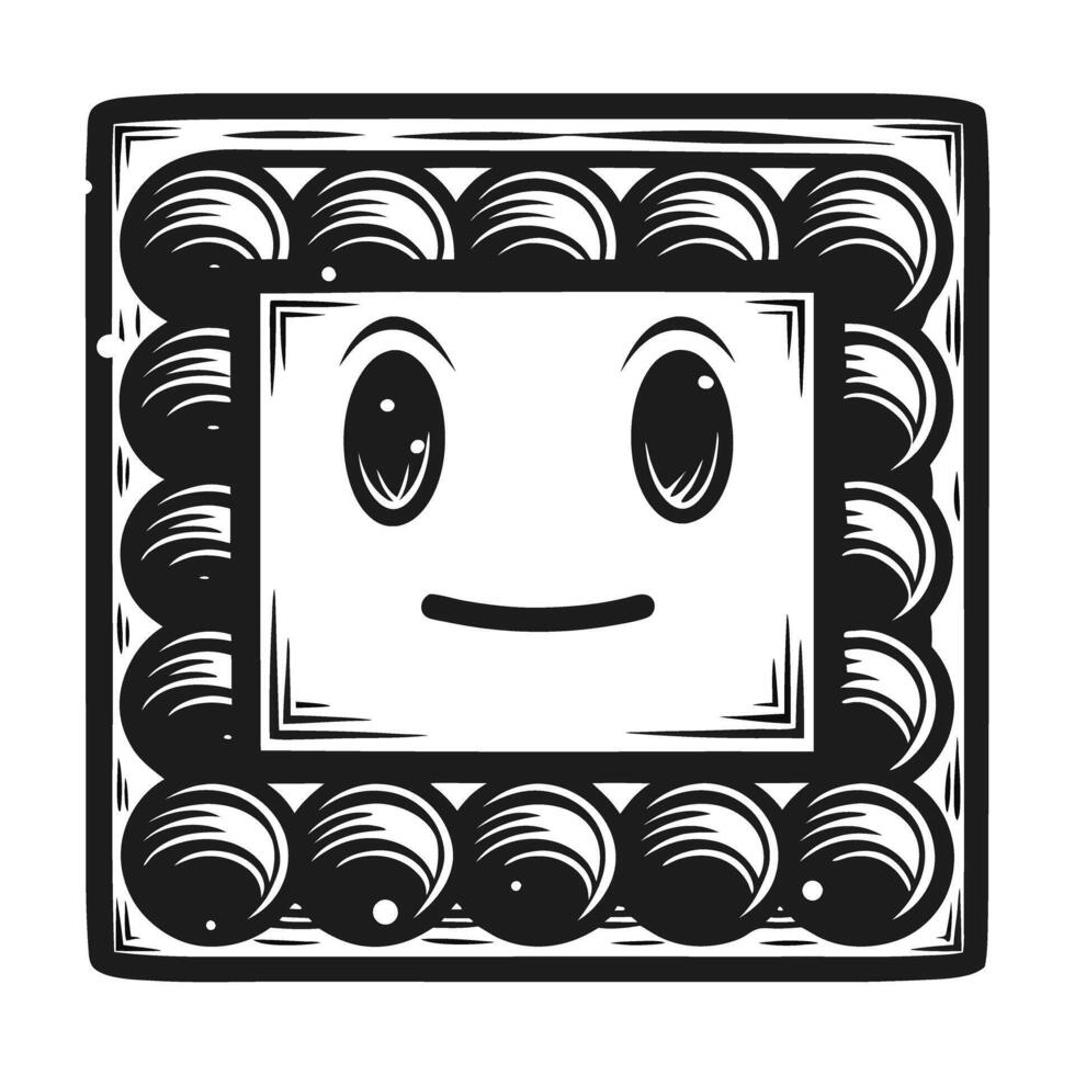 Cute robot face, design square shape, smiling expression, black and white illustration vector