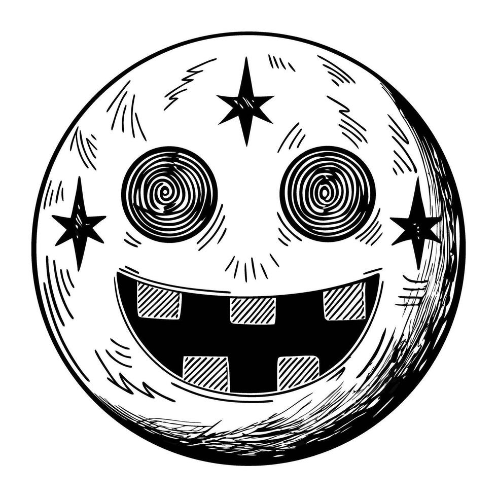smiling moon face with swirling eyes and stars, whimsical black and white illustration vector