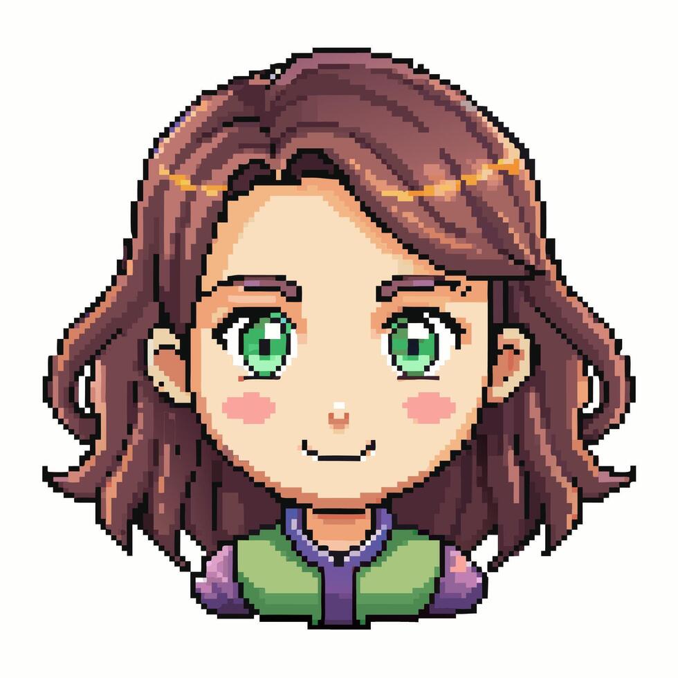 Pixel Art Female Character with Brown Hair and Green Eyes, Smiling Expression, Retro Design vector