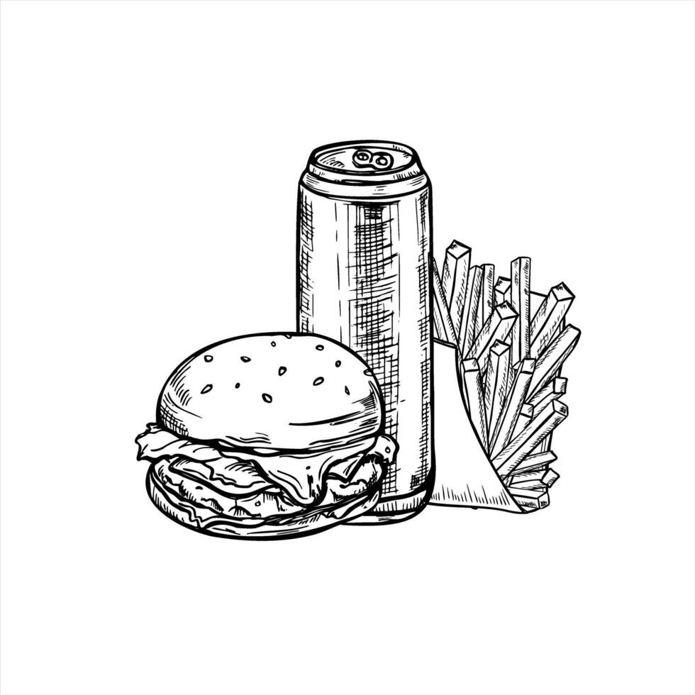 Burger, French fries in paper package and metal beverage can graphic line art sketch. Black and white drawing of sesame burger with meat and vegetables, fried potato, soda drink. American street food vector