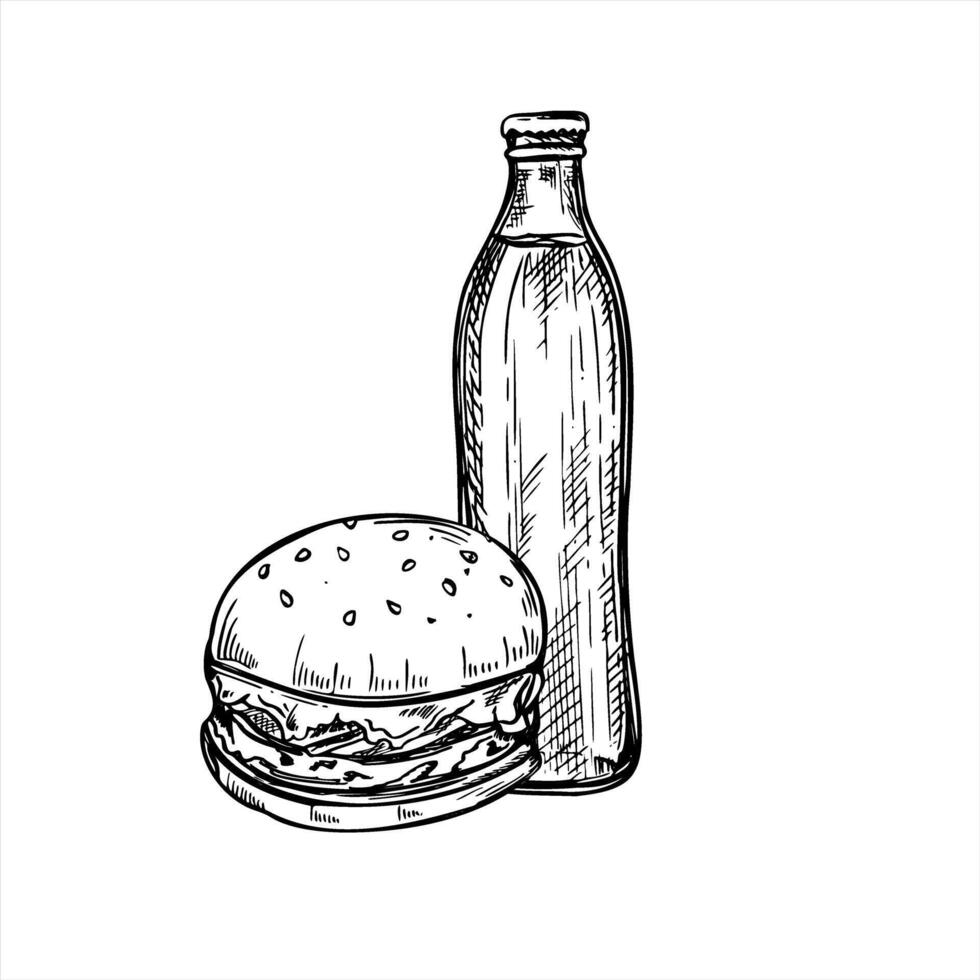 Smash burger and glass bottle with carbonated drink black ink illustration. Beer, lemonade or tonic drink and sandwich combo lunch etching drawing. Fast food for menus, bar promotions vector