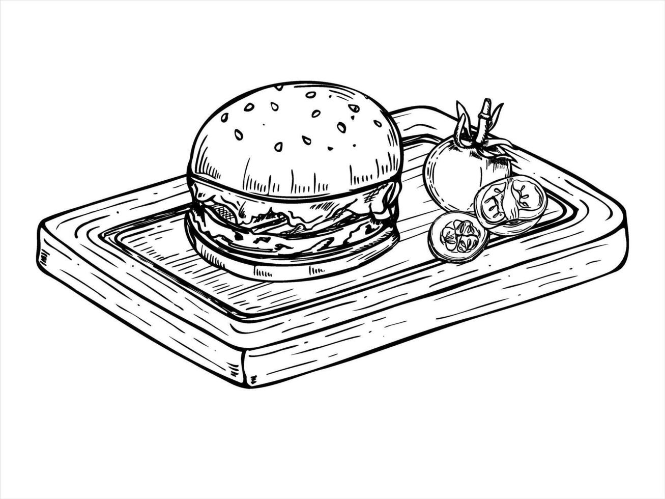 Juicy smash burger with fresh tomato slices served on rustic wooden board black ink illustration. Mustard fried patty with vegetables, cheese and grilled meat. For menus, fast food branding vector
