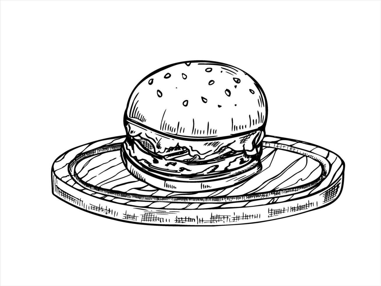 Smash burger served on round wooden board illustration painted by black inks. Etching drawing of classic homemade healthy beef sandwich for restaurant menus, food delivery concepts. vector