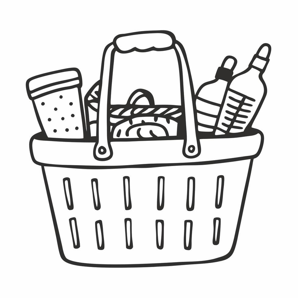 Doodle Style Picnic Basket with Bread and Drinks Hand Drawn Illustration vector
