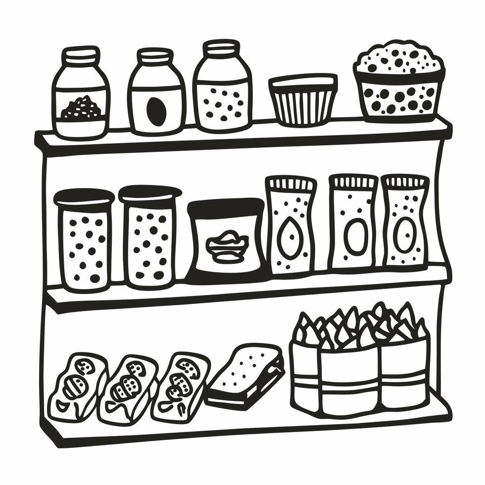 Hand Drawn Pantry Shelves with Jars, Snacks, and Muffins Charming Black and White Illustration vector