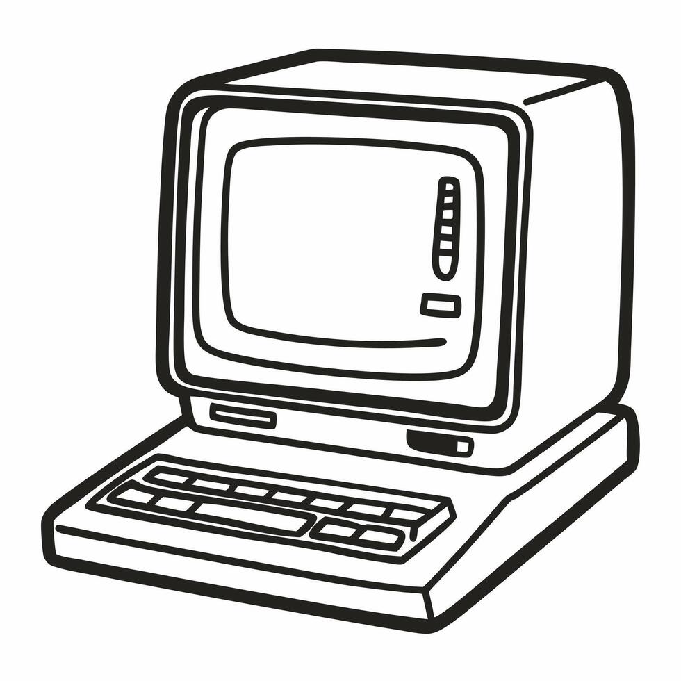 Retro Vintage Computer Illustration in Simple Black and White Design vector