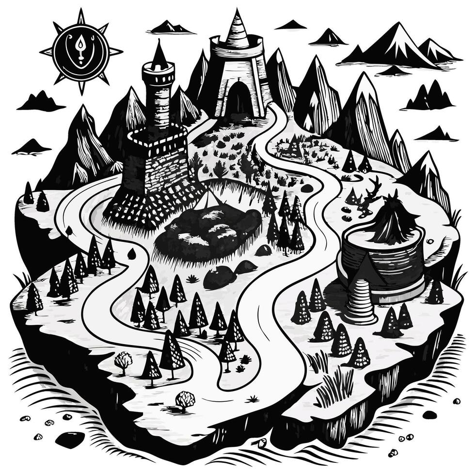A black and white drawing of a fantasy world with a castle, mountains vector