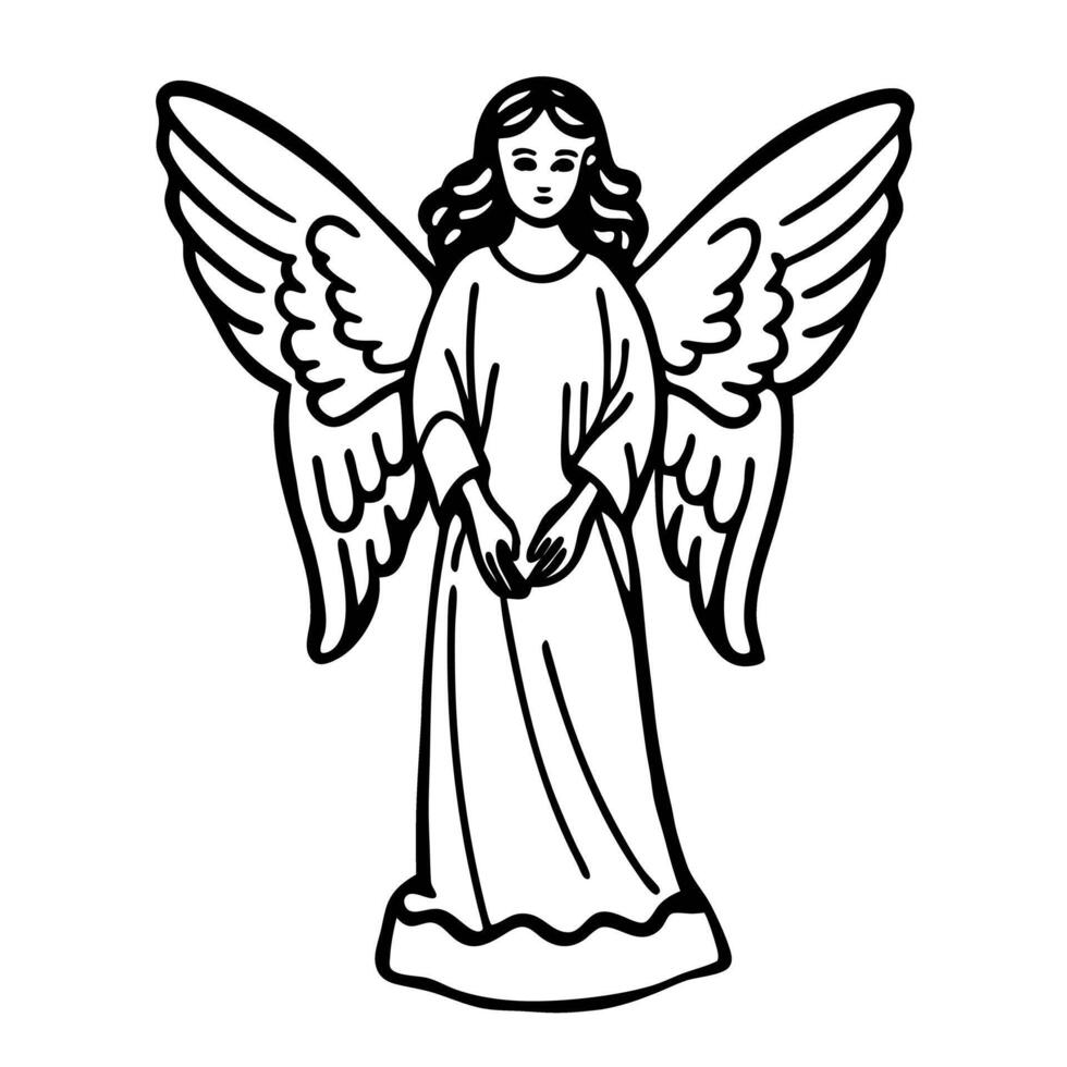 Elegant Angel in Flowing Robes and Wings Black and White Illustration vector
