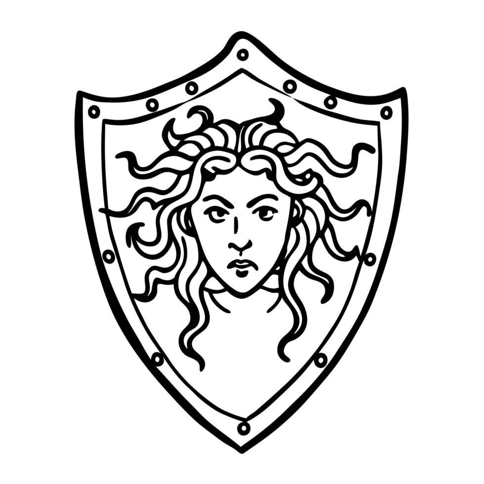 Medusa Head on Shield Intricate Black and White Line Art for Tattoo and Design vector