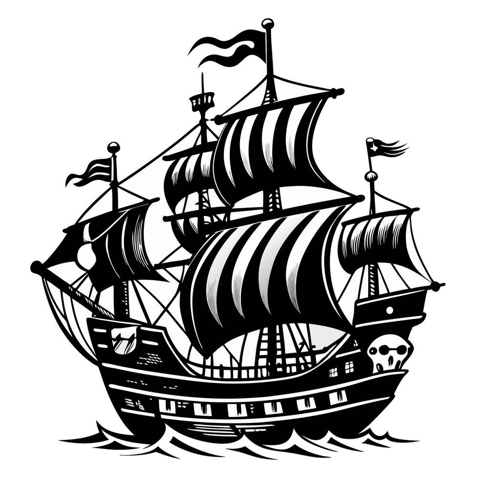 A large black and white ship sails in the ocean vector
