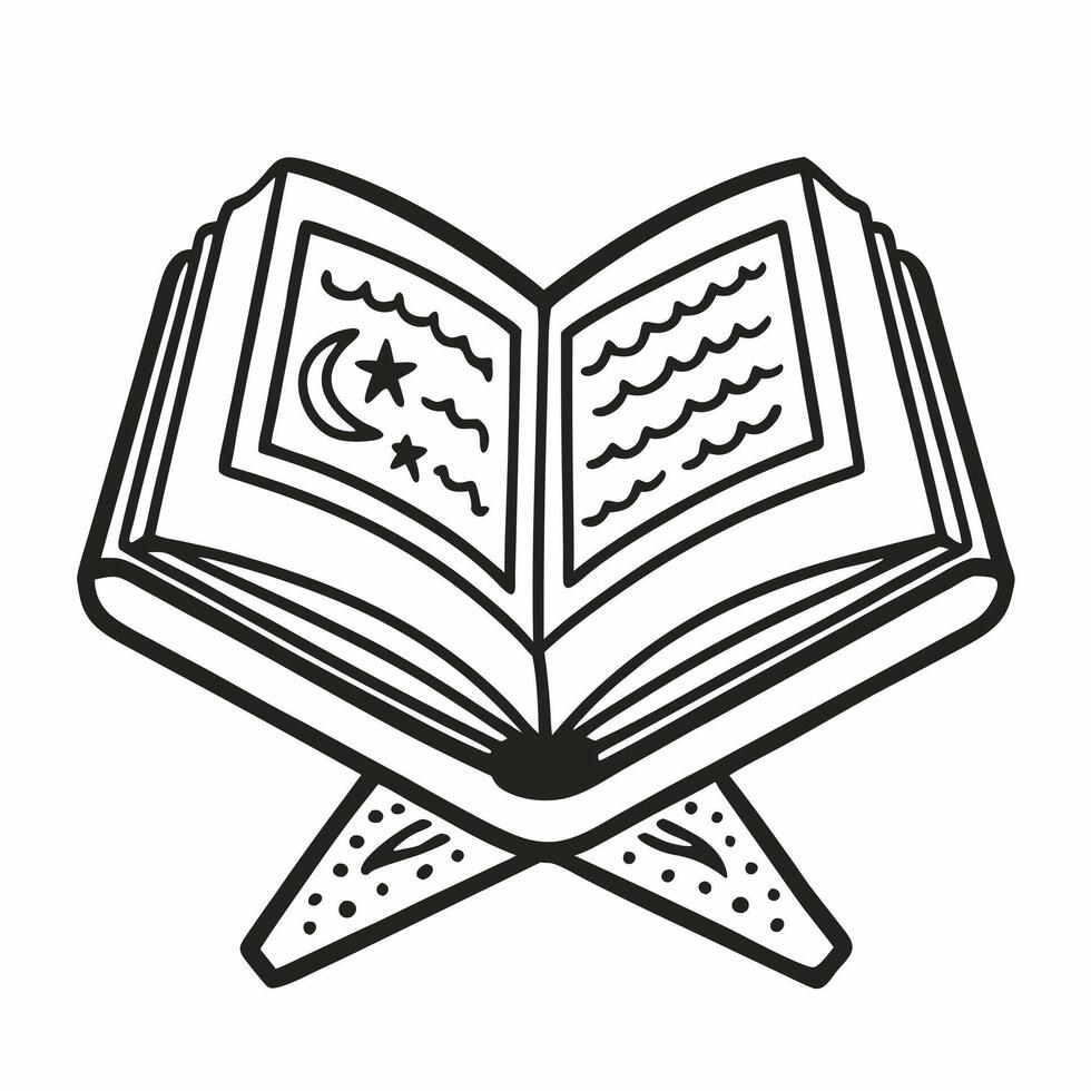 Open Quran Outline with Moon and Stars on Wooden Rehal for Islamic Themes vector