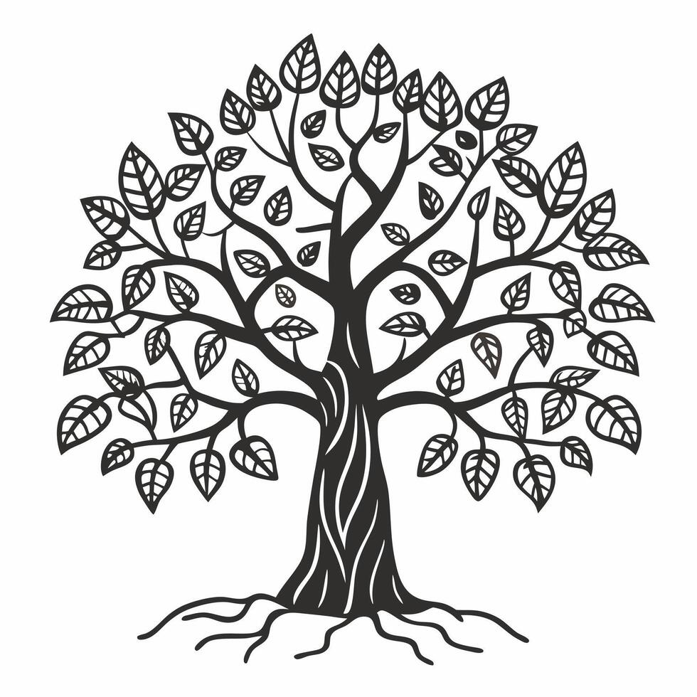 Intricate Tree Silhouette with Leaves and Roots Nature Illustration vector