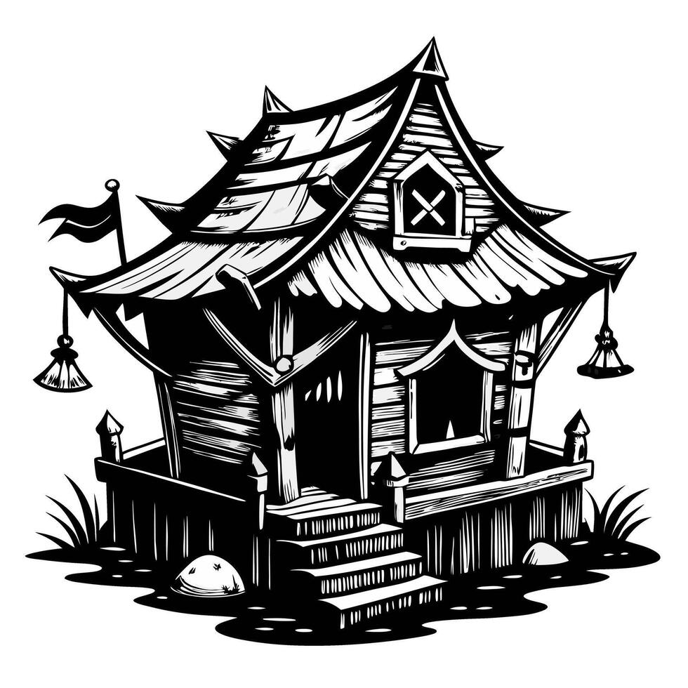 A small, old-fashioned house with a flag hanging from the roof vector