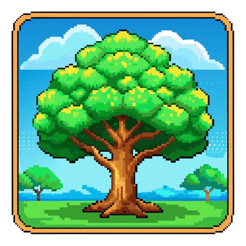 Vibrant Pixel Art of a Lush Tree in a Scenic Retro Game Environment vector