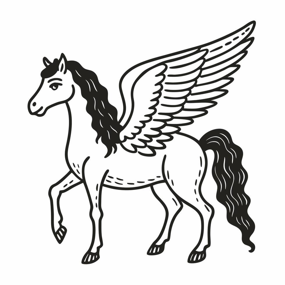 Illustrated Black and White Pegasus with Wings in Profile View vector