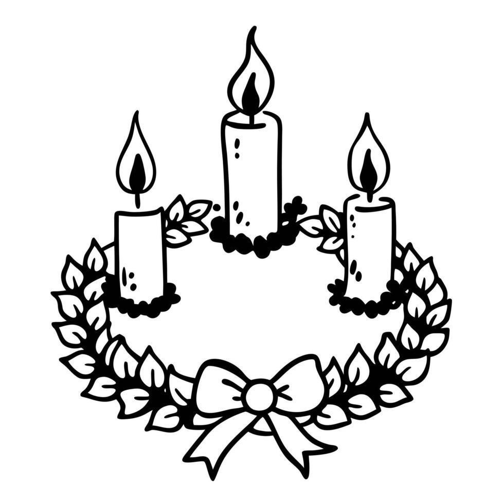 Festive Holiday Wreath with Burning Candles and Bow in Black and White Illustration vector