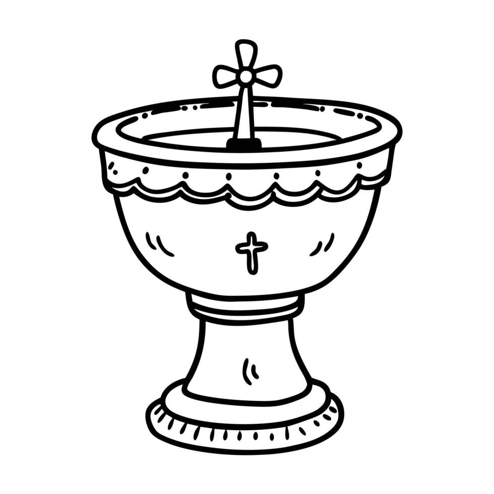 Hand Drawn Baptismal Font with Cross Classic Religious Symbol in Line Art Illustration vector