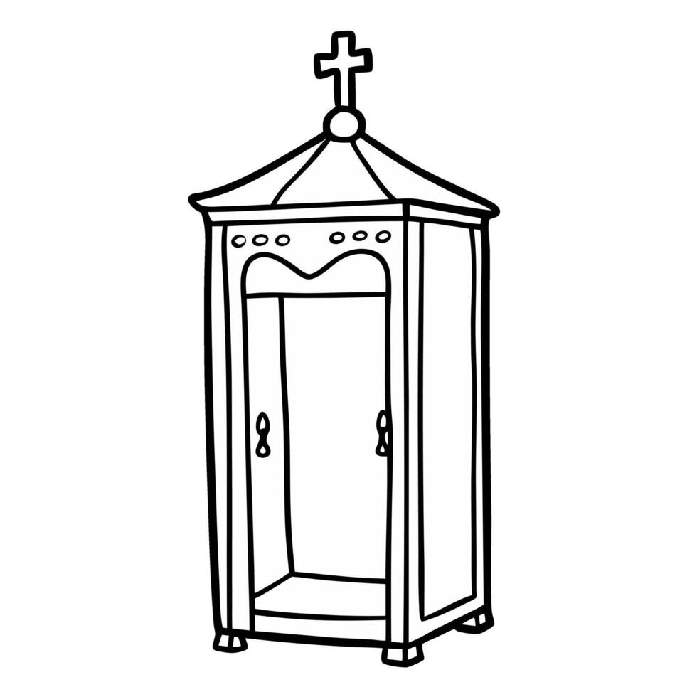 Ornate Line Art Confessional Booth Illustration with Cross and Decorative Elements vector