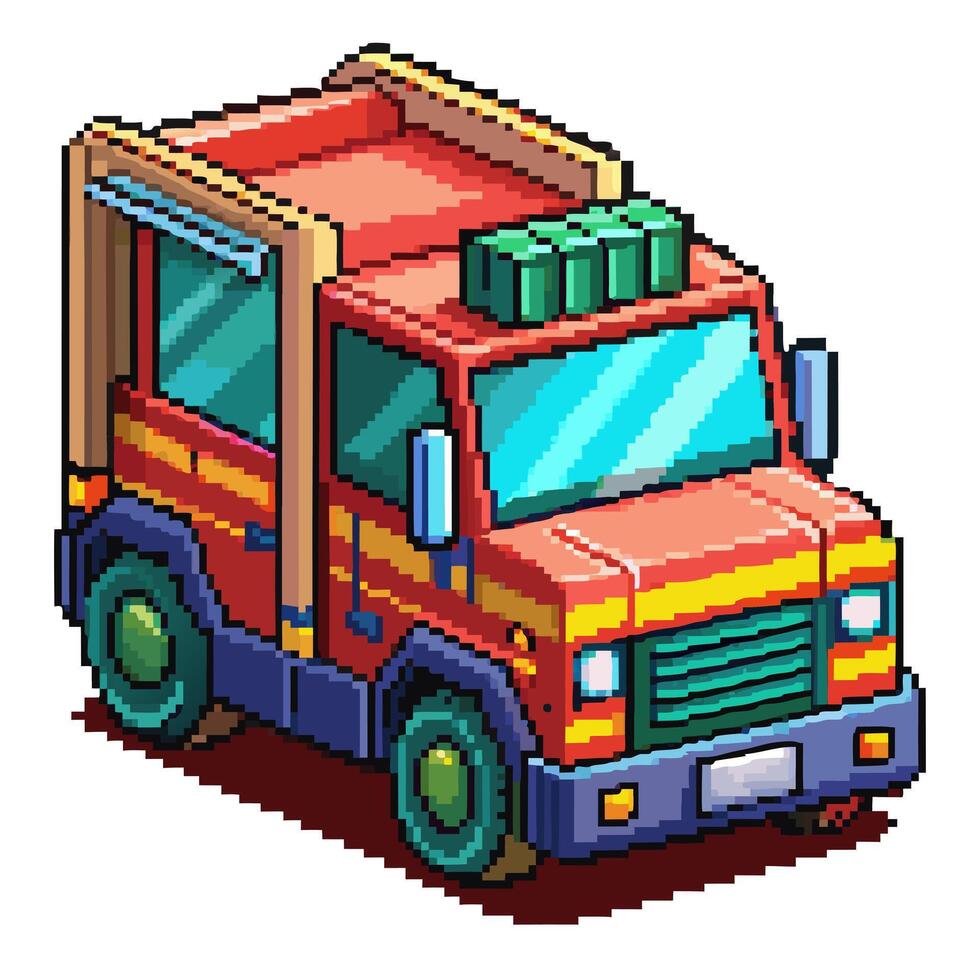 Pixel Art Red Truck with Roof Cargo in Retro 8 Bit Style vector