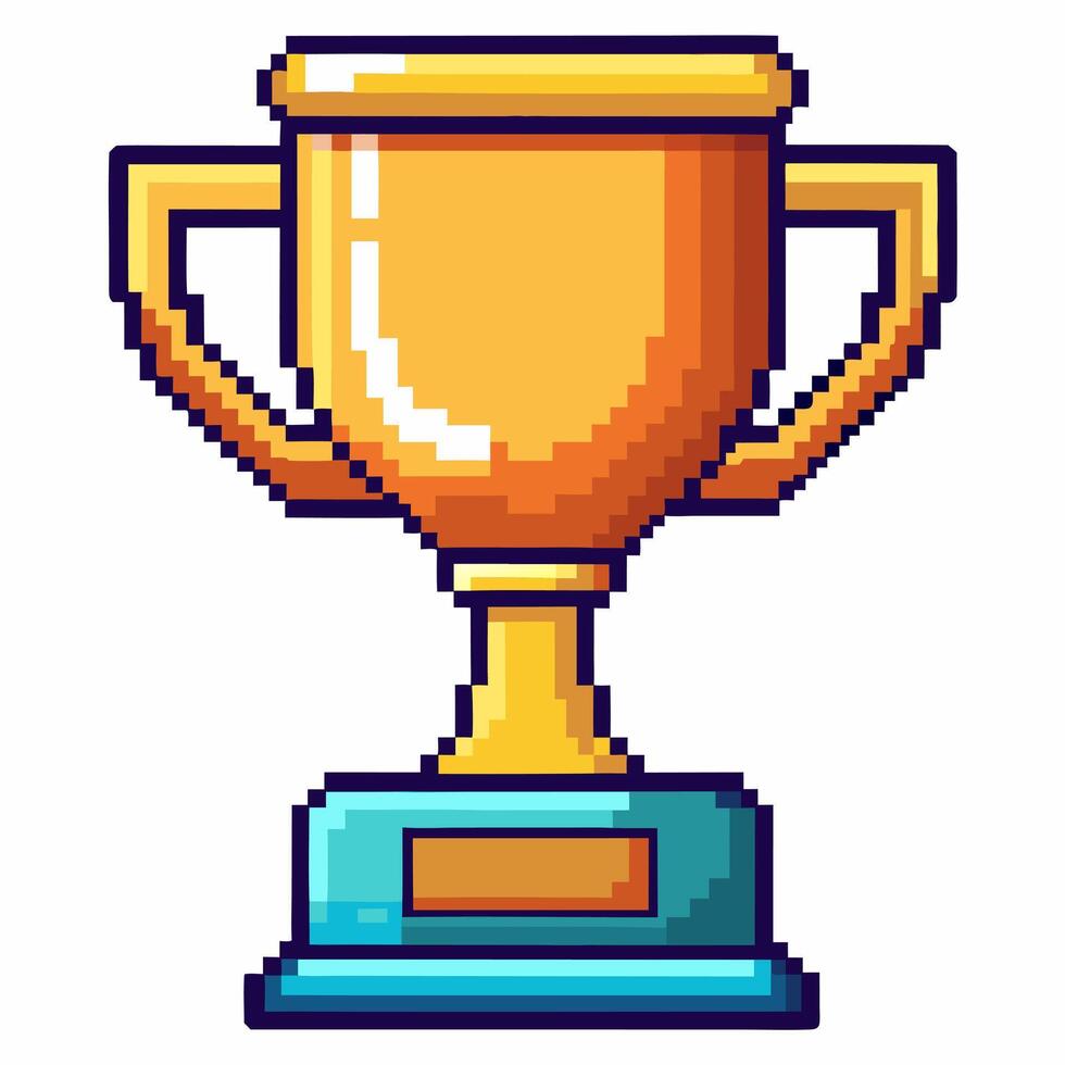Pixel Art Golden Trophy with Blue Base Retro Game Icon of Victory and Achievement vector