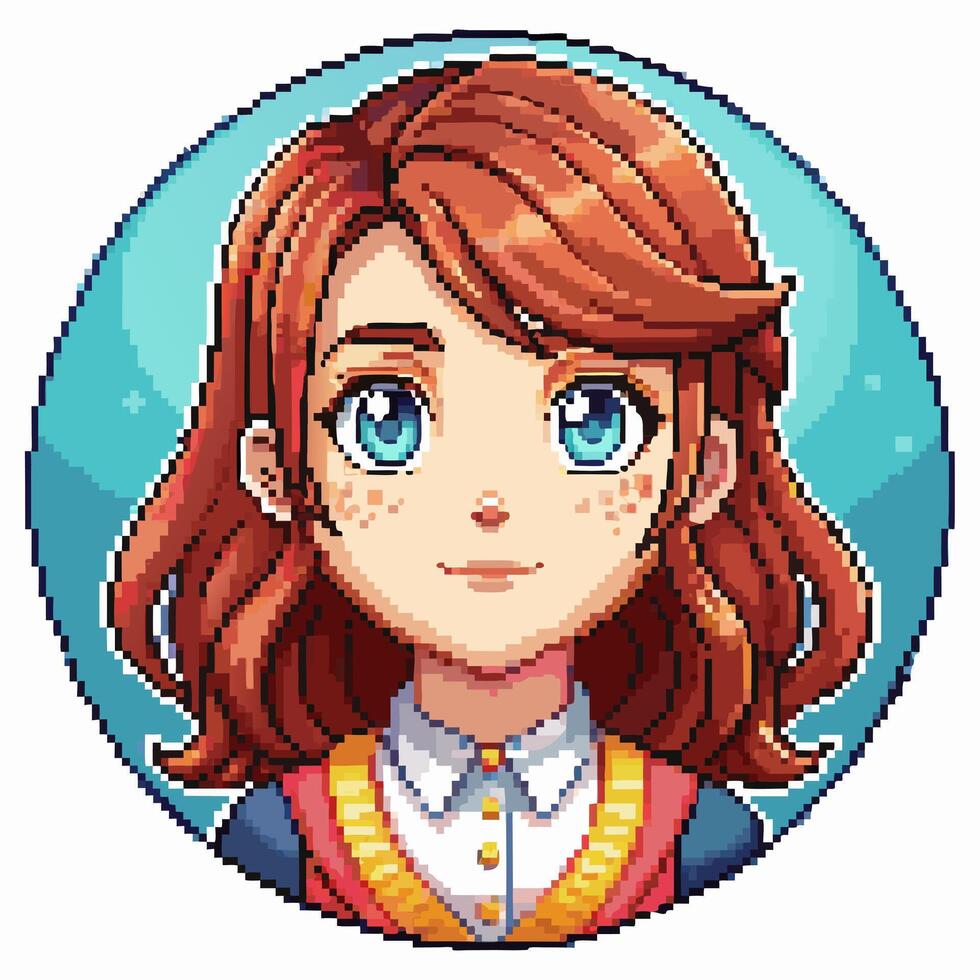 Retro Pixel Art Portrait of Red Haired Girl with Blue Eyes vector